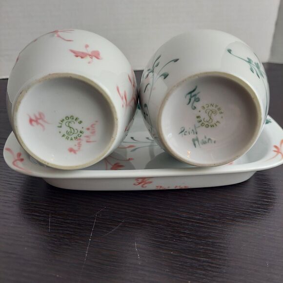 Limoges France Pottery Cruet Set Oil Vinegar Hand Painted Fluers Tray Pink Green - Picture 6 of 9